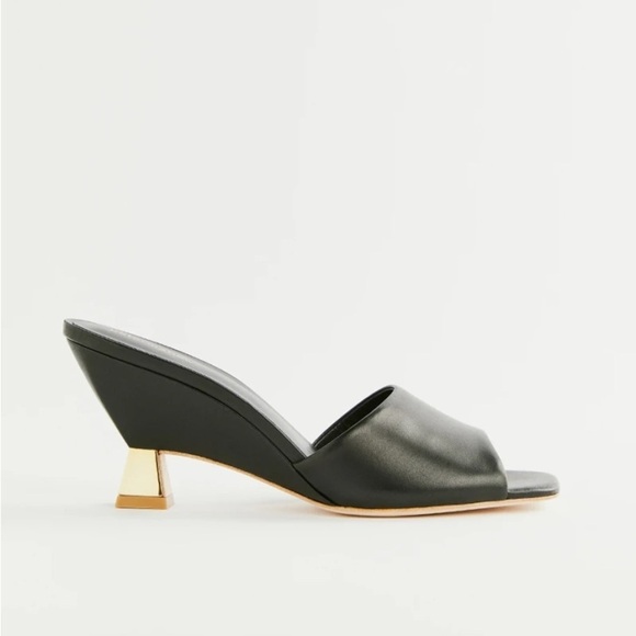 NWOB Reformation Gerri Heeled Sandal Mules in Black Leather Gold Heel, 6.5 - Picture 1 of 9